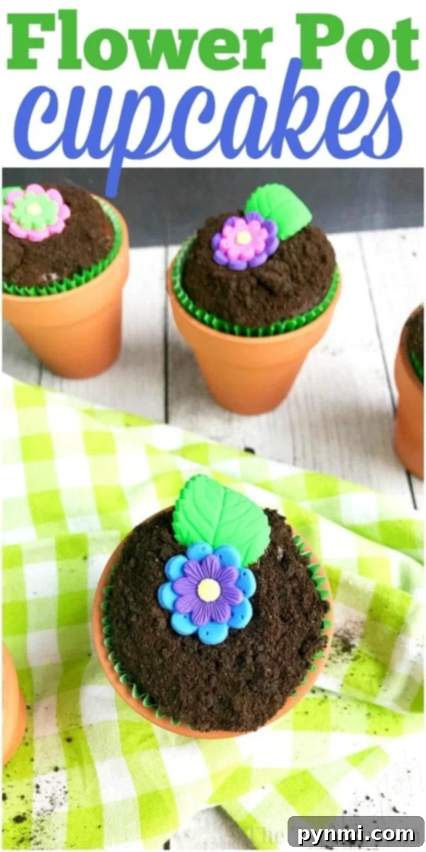 Cute flower pot cupcakes for a birthday party, perfect as a spring dessert or unique table place cards.