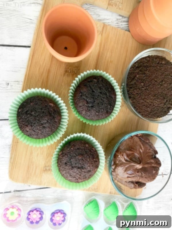 Flower pot cupcakes arranged on a table, ready for a birthday party or spring celebration.