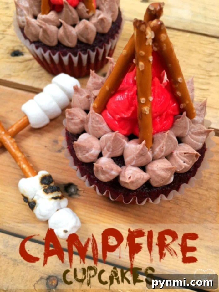 Camping themed cupcakes with edible decorations resembling a campfire.