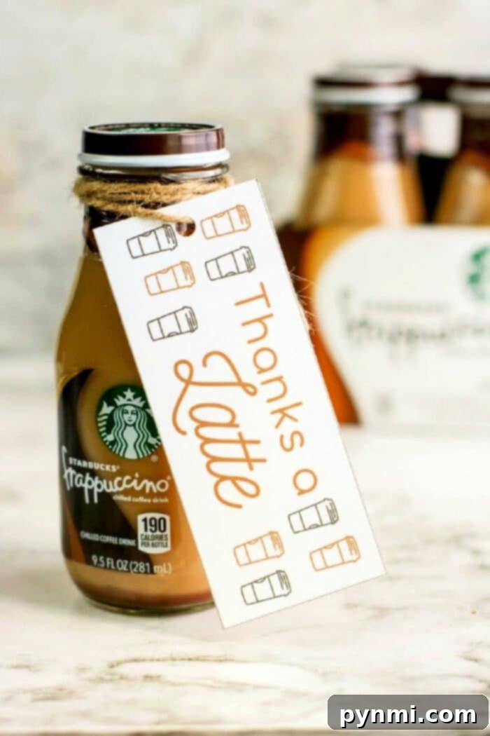 Printable 'Thanks a Latte' Starbucks Gift Tag for Teacher Appreciation or Valentine's Day Free printable coffee gift tag for Starbucks appreciation gifts