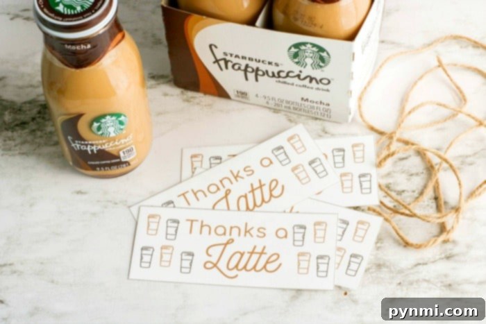 Perfect Presents for Educators 2 Assembled Starbucks 'Thanks a Latte' gift with printable tag and ribbon