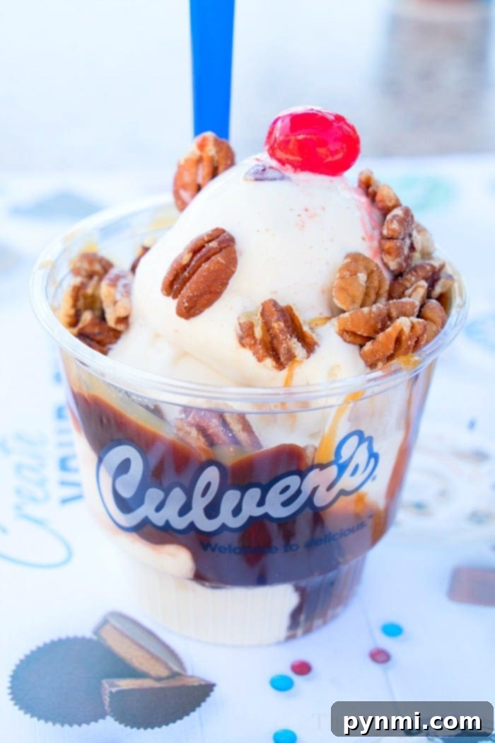 Culver's ButterBurger: Is It Buttery Perfection? 5 A delectable Culver's frozen custard sundae, topped with hot fudge and nuts.