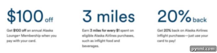 Enjoy the benefits of using your card: $100 off lounge membership, earn 3 miles per $1, and get 20% back on Alaska Airlines inflight purchases. Plus, rack up miles towards free airline tickets for your next adventure.