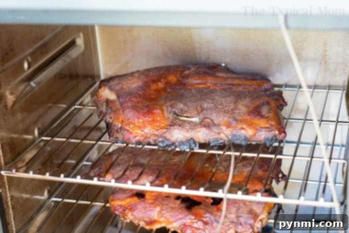 Two racks of seasoned ribs cooking on separate shelves within a smoker, highlighting a professional setup for perfect smoked ribs.