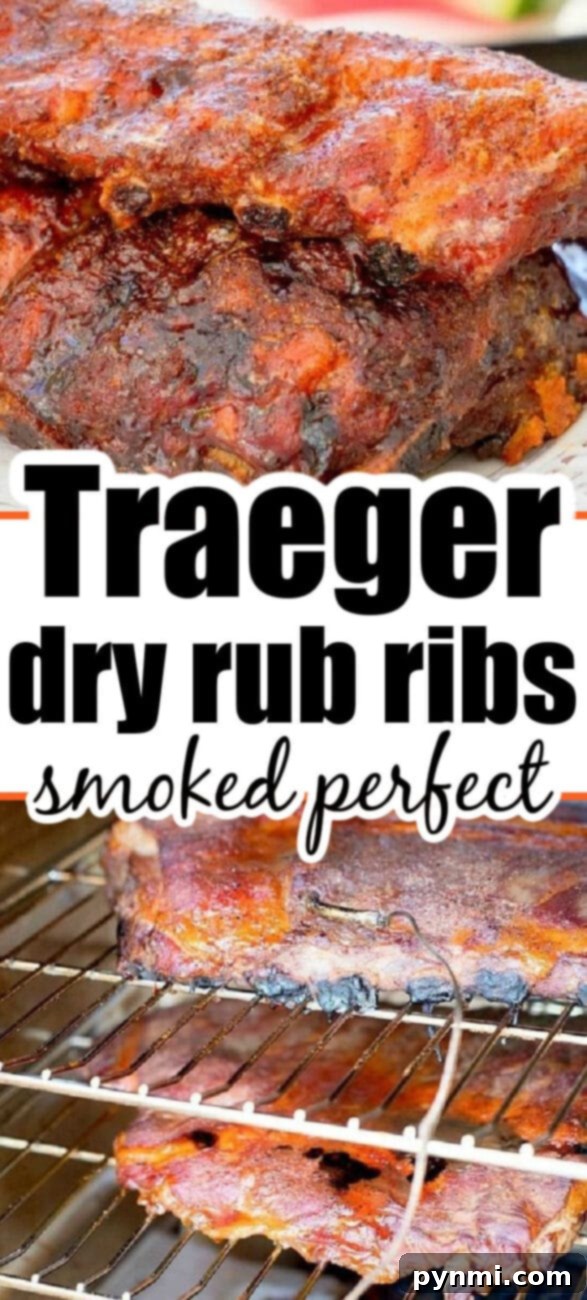 Two racks of expertly smoked Traeger ribs, showcasing the beautiful bark and tender meat, ready to be served.