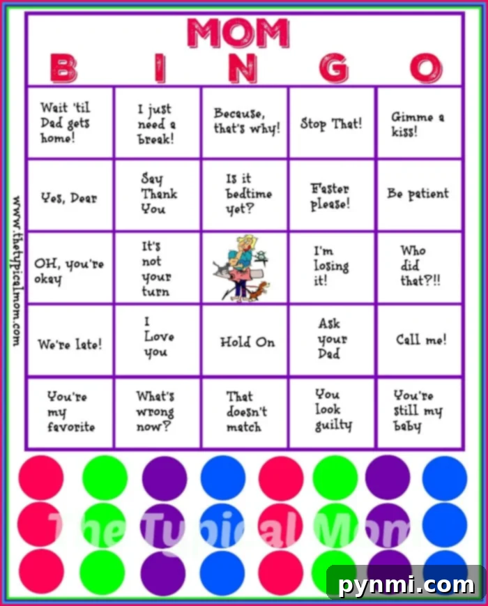 A vibrant Mom Bingo card with phrases like "Wait til Dad gets home!" and "I Love you," featuring a cartoon mom juggling tasks. Perfect for a fun printable baby shower game.