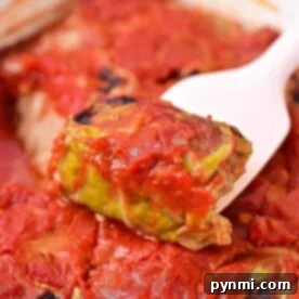An Instant Pot stuffed cabbage roll, covered in tomato sauce, is lifted by a white spoon from a dish of similar rolls.