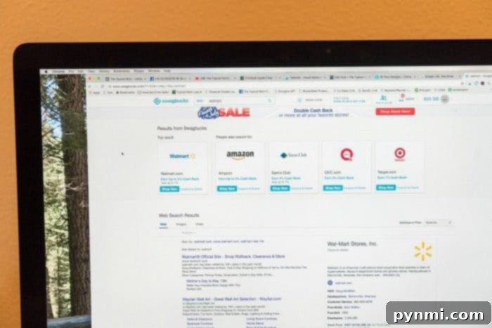 This is how to make money on Swagbucks daily by just shopping online and how to get the most Swagbucks codes possible! Tips and tricks for free gift cards. #work #home #swagbucks A computer screen displays search results for various online retailers and a website listing, including guides on how to make money on Swagbucks efficiently.