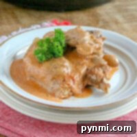 Plate with pressure cooker pork chops in creamy sauce, garnished with parsley, on a red-patterned cloth.