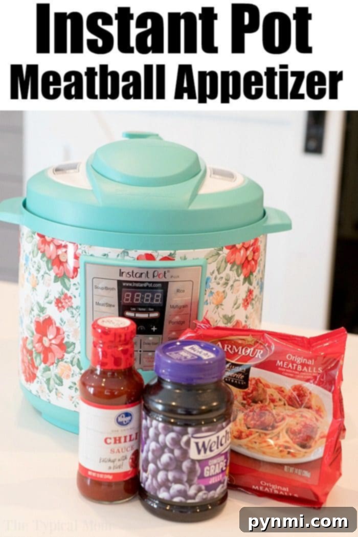 Pressure cooker frozen meatballs cooked to perfection! Sweet and spicy meatballs cooked with grape jelly in no time at all. #instantpot #meatballs #appetizer #jelly #barbecue #pressurecooker #grape #thetypicalmom #jelly Instant Pot Grape Jelly Meatballs, sauced and ready