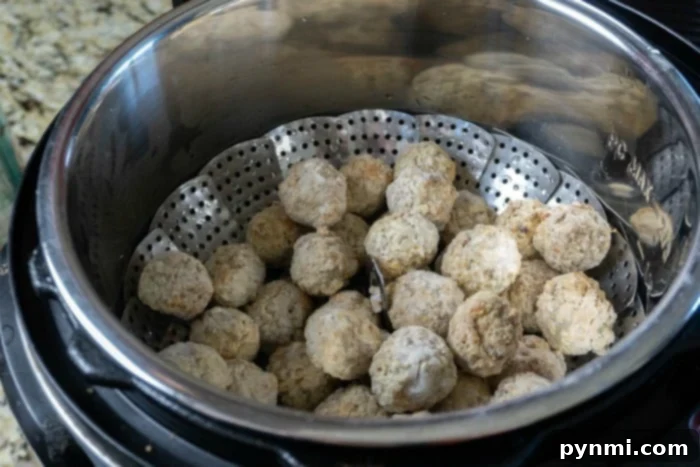 Effortless Instant Pot Frozen Meatballs 3 A batch of uncooked Instant Pot meatballs rests in a steamer basket, ready for cooking. The metal basket, with its steaming holes, sits snugly in the pot on a sleek granite kitchen counter.