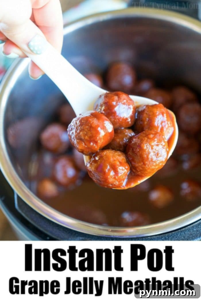 Pressure cooker frozen meatballs cooked to perfection! Sweet and spicy meatballs cooked with grape jelly in no time at all. #instantpot #meatballs #appetizer #jelly #barbecue #pressurecooker #grape #thetypicalmom #jelly instant pot grape jelly meatballs in serving dish