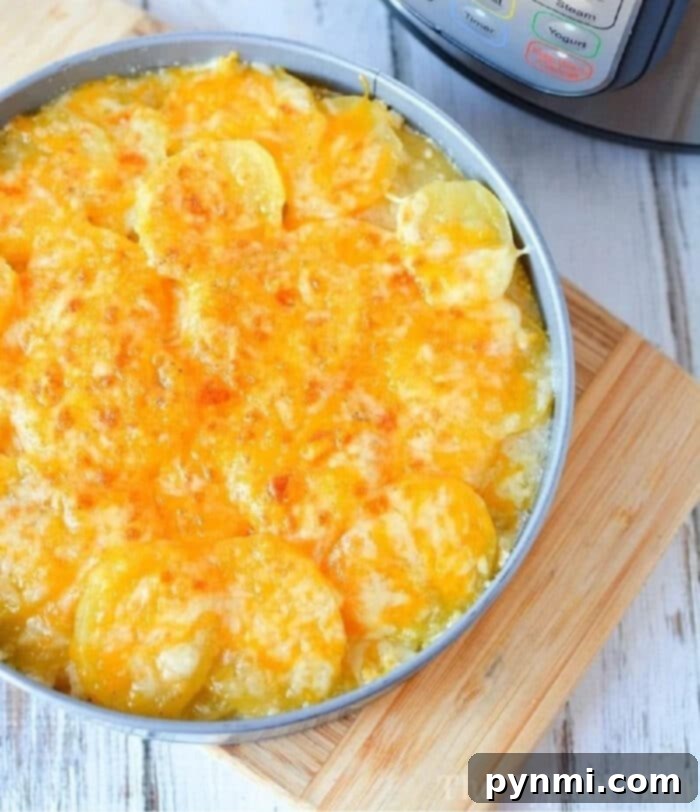Creamy Dreamy Instant Pot Scalloped Potatoes 2 A dish of creamy, cheesy Instant Pot scalloped potatoes, ready to serve.