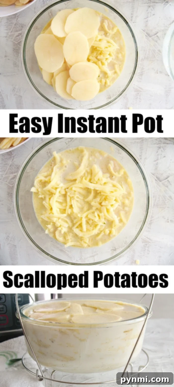 Easy Instant Pot scalloped potatoes recipe you can use as the perfect cheesy side dish for the holidays or year round with dinner. #instantpot #pressurecooker #scalloped #potatoes #cheese #augratin #sidedish #potato Two hands stirring a creamy, cheesy Instant Pot scalloped potato mixture in a pot, highlighting the delicious texture.