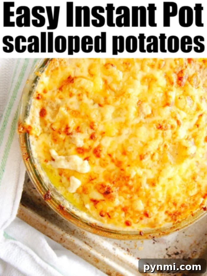 Easy Instant Pot scalloped potatoes recipe you can use as the perfect cheesy side dish for the holidays or year round with dinner. #instantpot #pressurecooker #scalloped #potatoes #cheese #augratin #sidedish #potato A serving of creamy Instant Pot scalloped potatoes in a white bowl, garnished with fresh herbs, ready to be enjoyed.