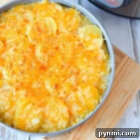 Cheesy scalloped potatoes, perfectly cooked in an Instant Pot, are served in a round dish on a wooden board beside the pressure cooker.