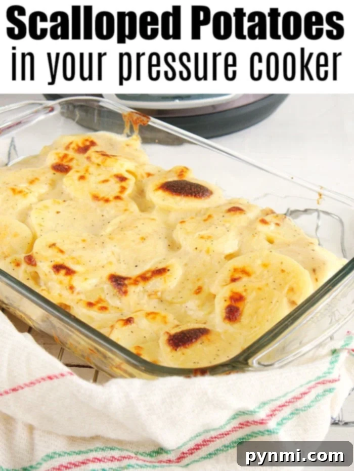 easy Instant Pot scalloped potatoes recipe you can use as the perfect cheesy side dish for the holidays or year round with dinner. #instantpot #pressurecooker #scalloped #potatoes #cheese #augratin #sidedish #potato An inviting glass dish of golden-brown Instant Pot scalloped potatoes rests on a striped towel, showcasing layers of tender, creamy perfection.