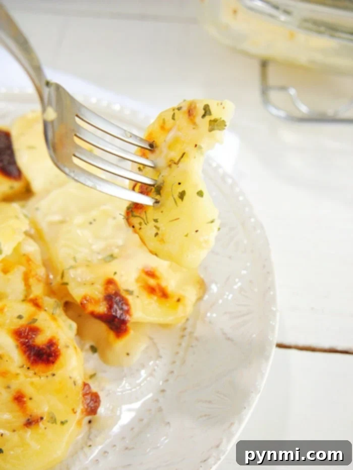 Instant Pot scalloped potatoes recipe you can use as the perfect cheesy side dish for the holidays or year round with dinner. #instantpot #pressurecooker #scalloped #potatoes #cheese #augratin #sidedish #potato Close-up of pressure cooker au gratin potatoes, showing the creamy layers and melted cheese.