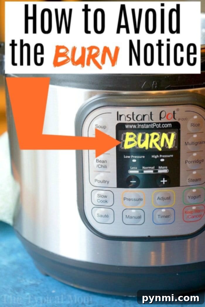 Detailed view of deglazing an Instant Pot with a wooden spoon and liquid, emphasizing the technique.