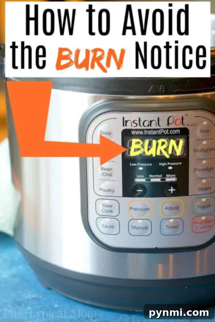 The Instant Pot display showing the 'BURN' message, before deglazing.