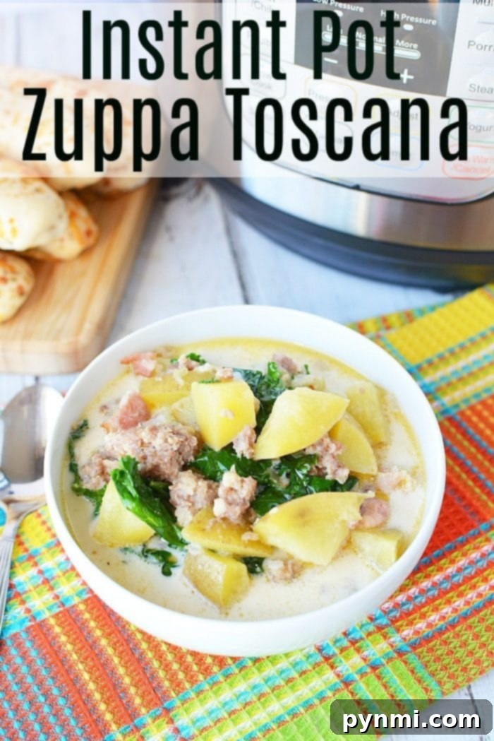 Serving Up Our Favorite Homemade Zuppa Toscana Serving homemade pressure cooker Zuppa Toscana from a large pot into a bowl