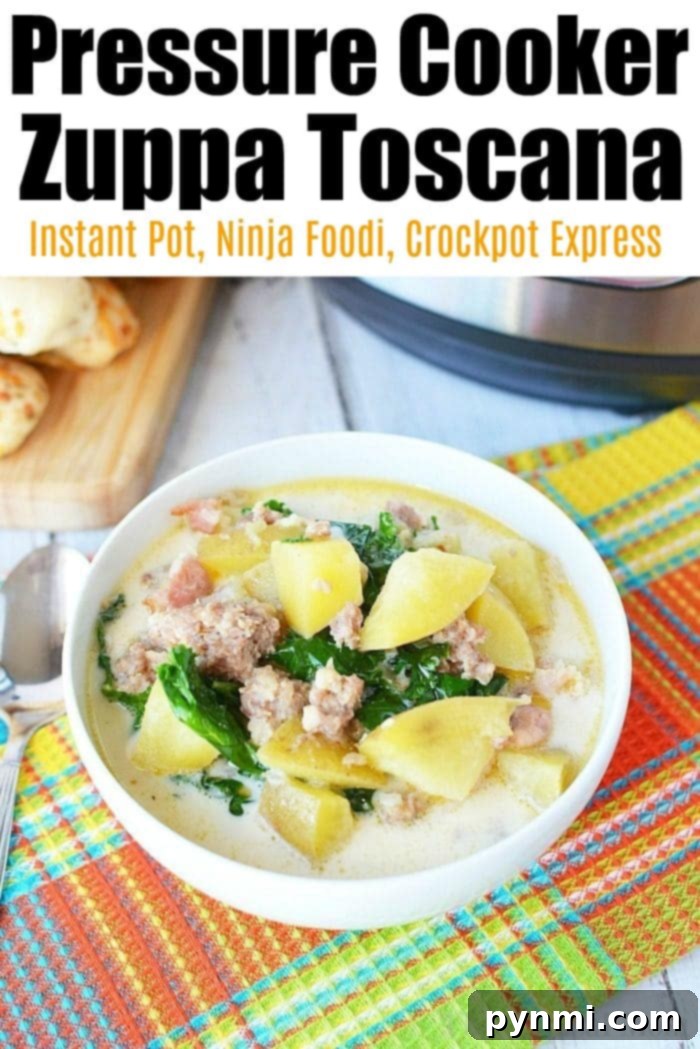 Pressure Cooker Zuppa Toscana: Comfort in a Bowl for Cold Days A bowl of creamy Zuppa Toscana soup with a rustic background and spoon