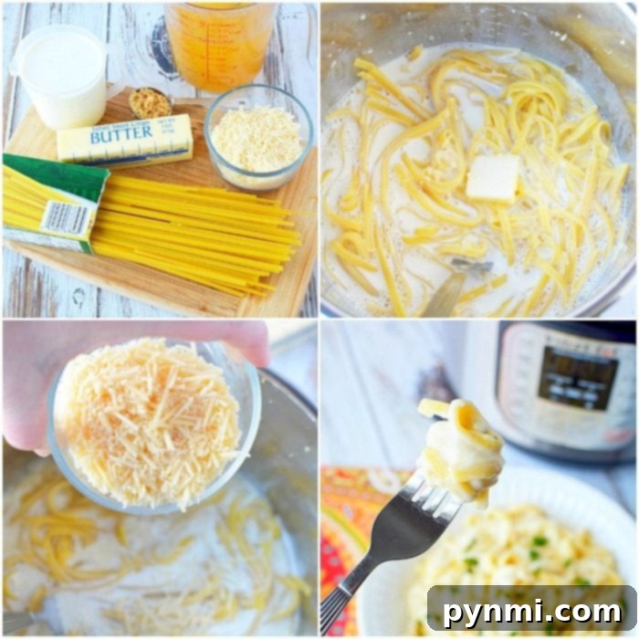 This Instant Pot fettuccine alfredo recipe is easy to make and a creamy buttery dinner your whole family is sure to love. Inexpensive pressure cooker meal. #instantpot #instantpotrecipes #alfredo #fettuccinealfredo #pasta #easy Four-panel image showing the preparation of fettuccine Alfredo: ingredients, pasta cooking in Instant Pot, cheese being sprinkled, and a forkful of finished pasta.