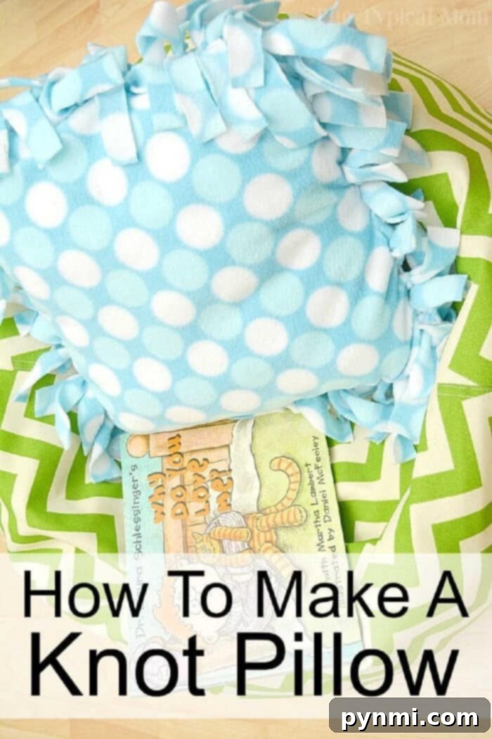Step-by-step guide on how to make a knot pillow at home, showing a finished fleece knot pillow. Perfect DIY kids craft or handmade gift idea.