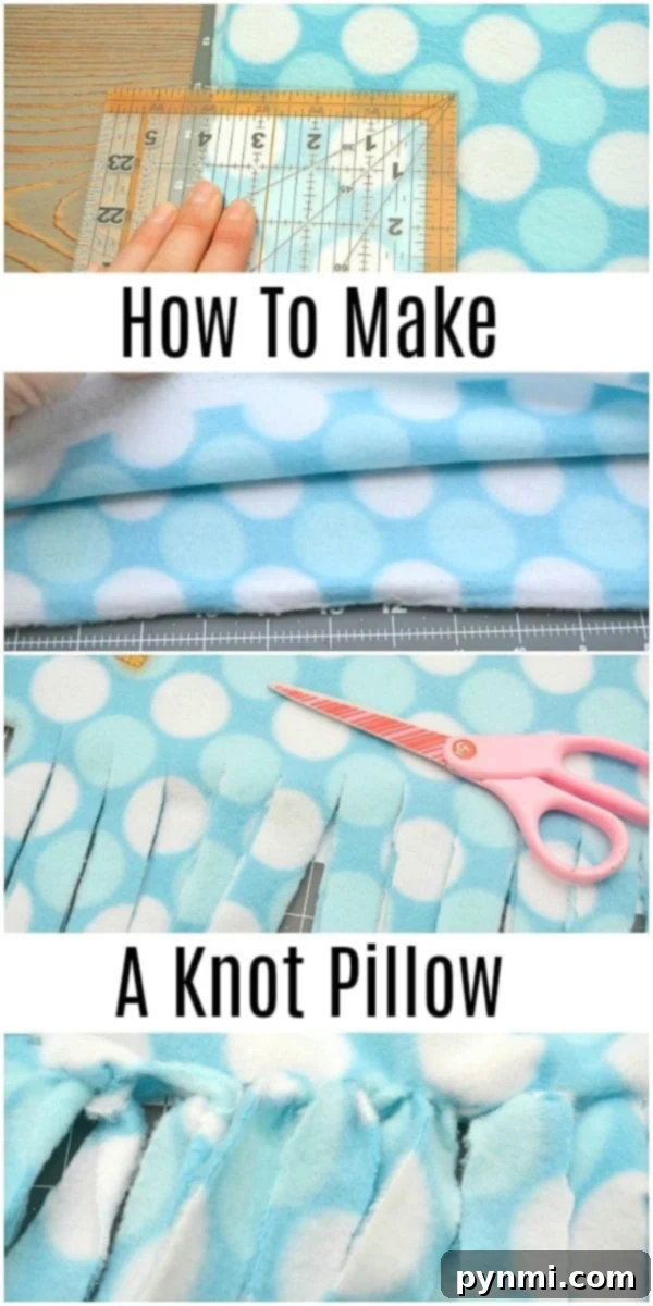 Detailed visual instructions for making a knot pillow, showing fringe cuts and initial knotting steps.