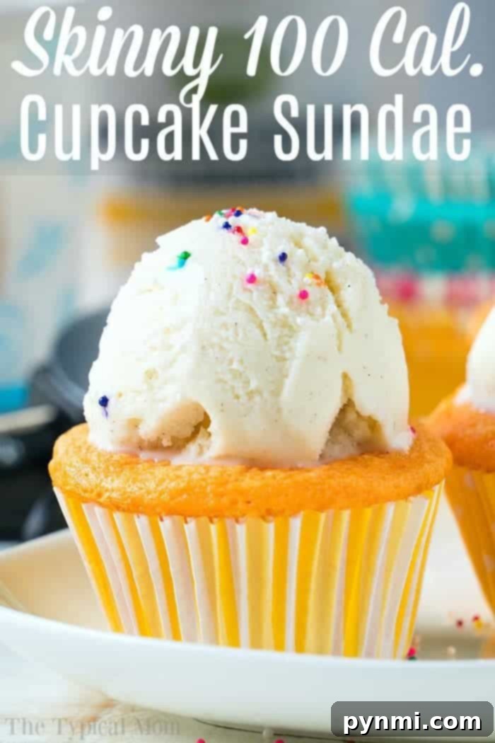 A skinny 100-calorie vanilla cupcake made with 2-ingredient soda cake mix, topped with a scoop of light vanilla ice cream and colorful candy sprinkles. A perfect low-fat, dairy-free dessert option.