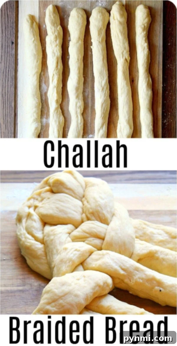 How to make challah braided bread easily at home. Ingredients you will need and technique for making this special bread in Jewish cuisine. #challah #braidedbread #jewish #sabbath #bread #holiday Close-up of an uncooked Challah loaf, showcasing the intricate six-strand braid pattern before baking