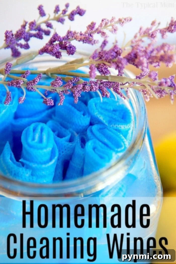 Make homemade DIY cleaning wipes for your house that smell amazing, are reusable, and clean up all the spills that occur in your home. A glass jar filled with rolled blue DIY cleaning wipes, topped with a sprig of purple flowers. The text Homemade Cleaning Wipes is displayed at the bottom of the image.