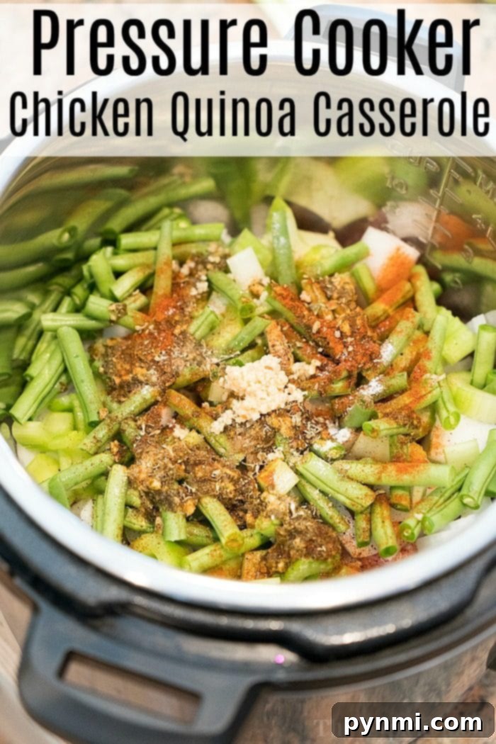 Instant Pot Chicken Quinoa Casserole, a close-up showing tender chicken, fluffy quinoa, and vibrant vegetables perfectly combined in a healthy and satisfying dish.