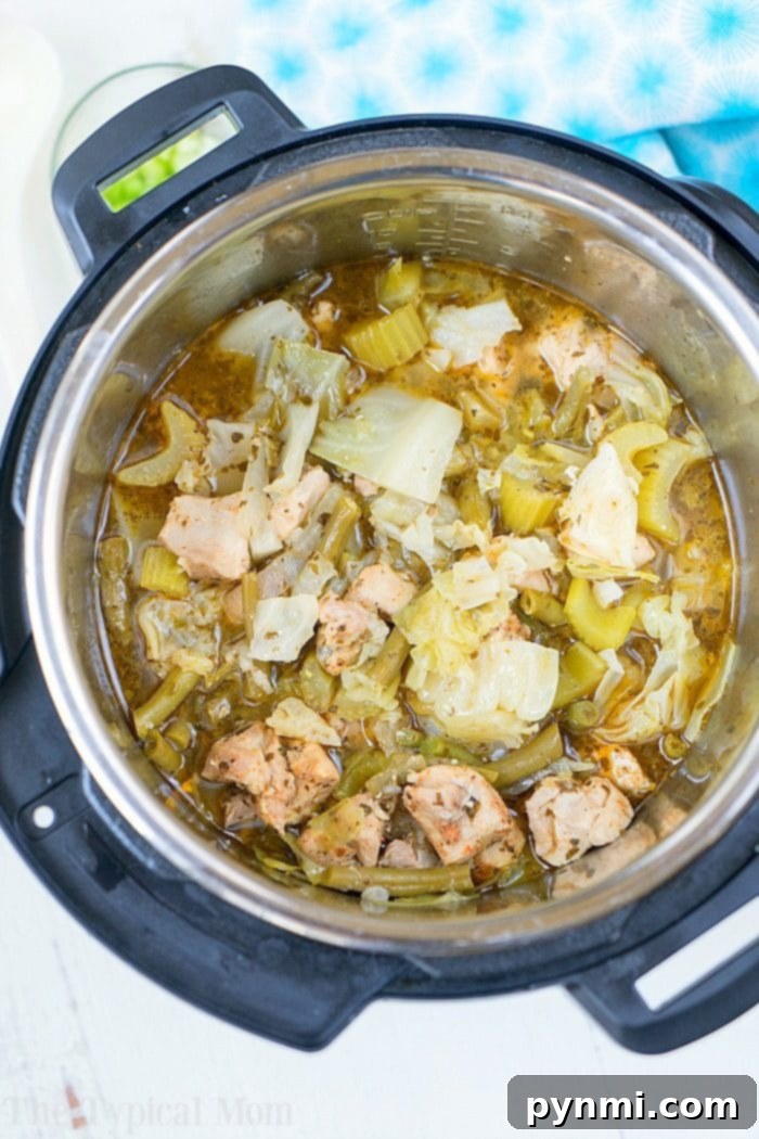 Pressure Cooker Chicken Cabbage Soup, a comforting and healthy broth-based dish with tender chicken and wilted cabbage, ideal for a light but fulfilling meal.