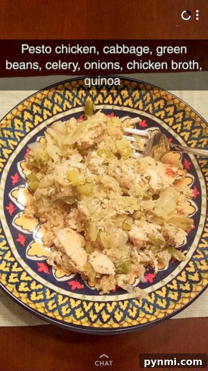 Cabbage Chicken Casserole served on top of separately cooked quinoa, showcasing a different presentation style for the pressure cooker dish with chicken breasts.
