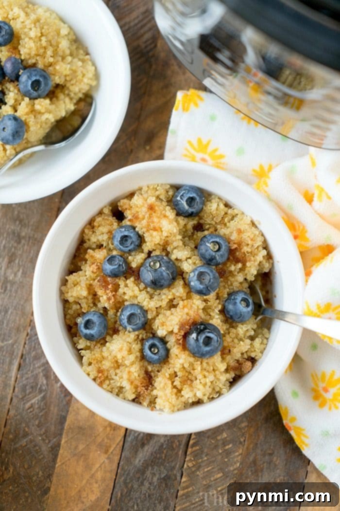 Quick and healthy pressure cooker breakfast quinoa topped with vibrant fruit and sweet honey – a delicious Instant Pot oatmeal alternative to kickstart your day. Pressure Cooker Breakfast Quinoa with fruit and honey