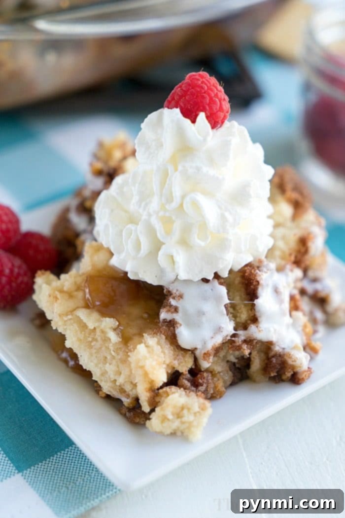 Delicious Apple Spice Dump Cake, warm and cinnamon-spiced, served as an easy dessert.