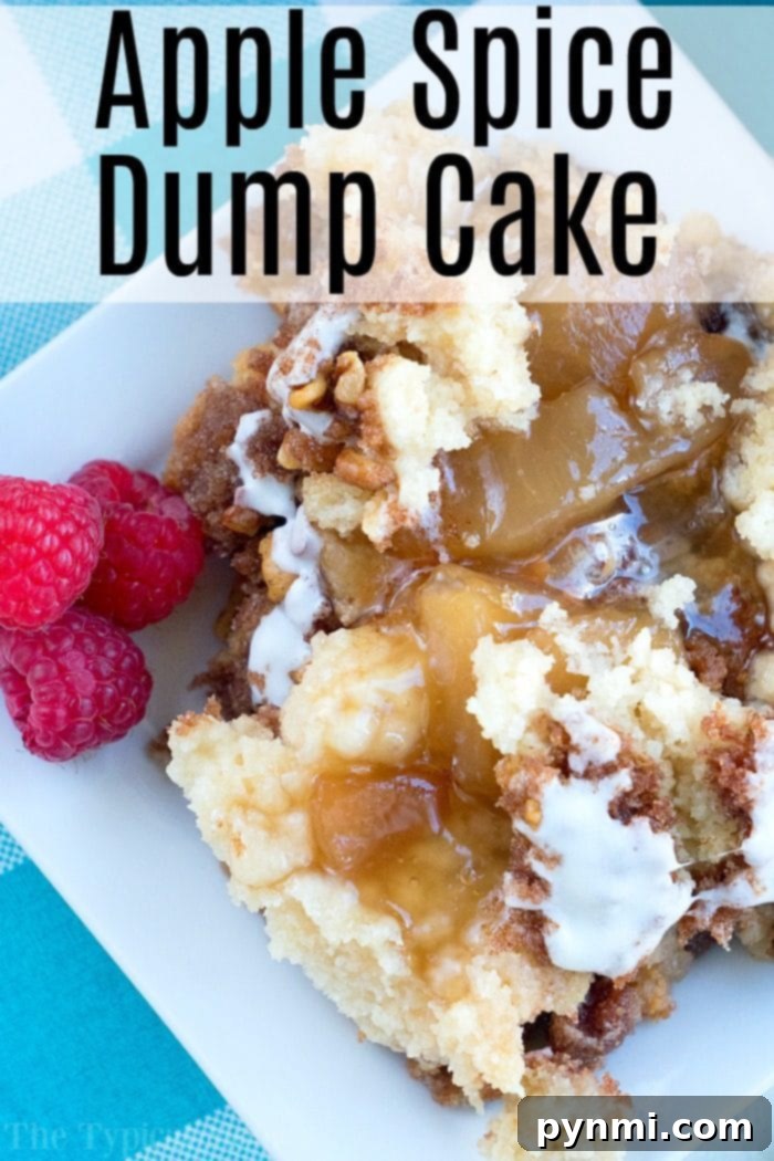 Close-up of apple spice dump cake on a plate with raspberries, showcasing its crumbly texture, visible apple filling, and a delicate drizzle of glaze.