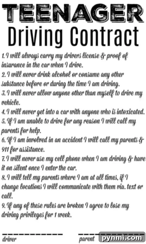 The teen driving contract outlines essential rules for safe driving, such as always carrying a driver's license, avoiding cellphone use while driving, never allowing unauthorized passengers or drivers, and immediately contacting parents after any incident. The document includes designated spaces for signatures from both the new driver and their parent or guardian, symbolizing a mutual agreement on responsible driving.