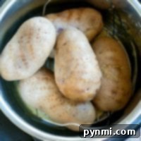 Four brown potatoes nestled on a metal rack in the pressure cooker, transforming into perfectly baked potatoes.