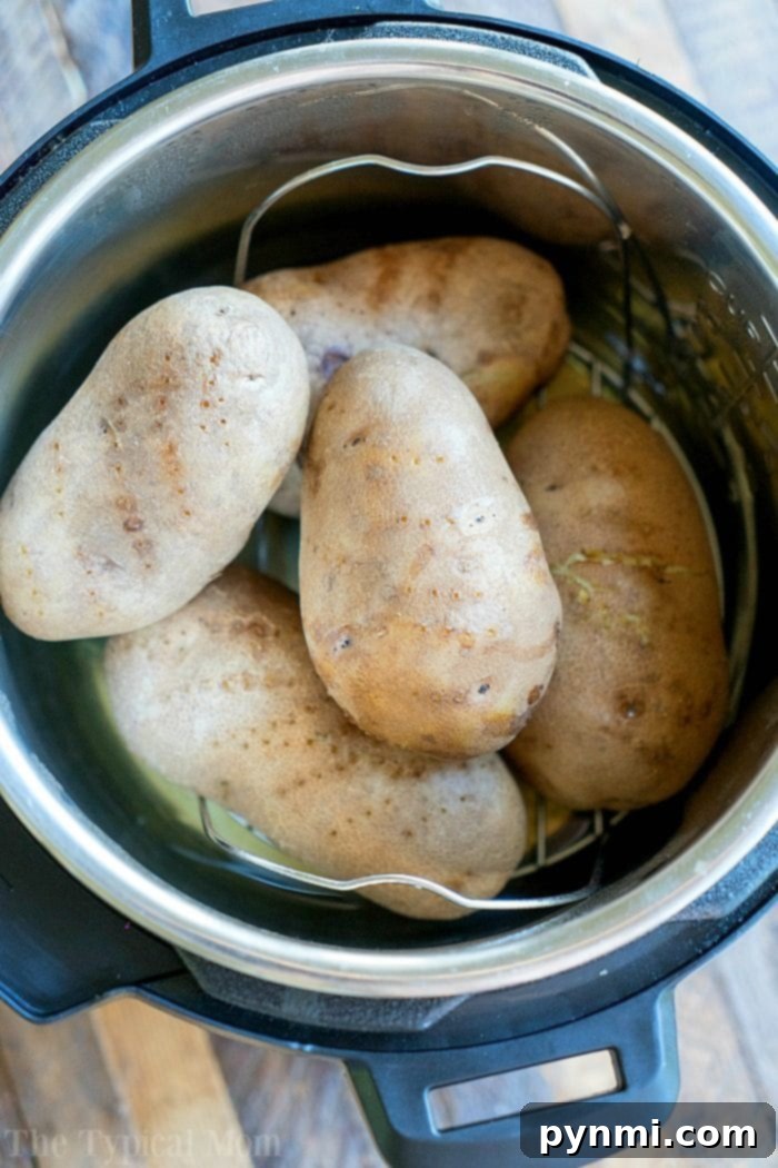 Instant Pressure Cooker Baked Potatoes 4 Baked potatoes cooked in a pressure cooker, showcasing their fluffy texture.