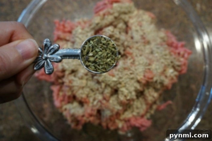 A hand holding a spoon of dried herbs over a bowl of ground meat and oats, perfect for crafting a delicious smoked burgers recipe.
