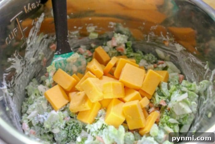 This easy pressure cooker broccoli cheese soup uses fresh vegetables and turns out creamy and delicious in your Instant Pot every time! Instant Pot, pressure cooker, Instant Pot recipes, soup, broccoli, cheese, creamy. A close-up of ingredients in an Instant Pot before cooking, featuring broccoli florets and shredded cheese, hinting at the delicious soup to come.