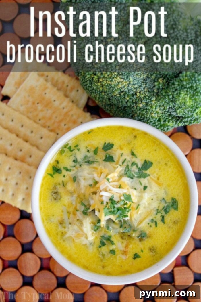 This easy pressure cooker broccoli cheese soup uses fresh vegetables and turns out creamy and delicious in your Instant Pot every time! Instant Pot, pressure cooker, Instant Pot recipes, soup, broccoli, cheese, creamy. A steaming bowl of easy Pressure Cooker Broccoli Cheddar Soup, showcasing its rich, creamy texture and vibrant green broccoli pieces, perfect for a comforting meal.