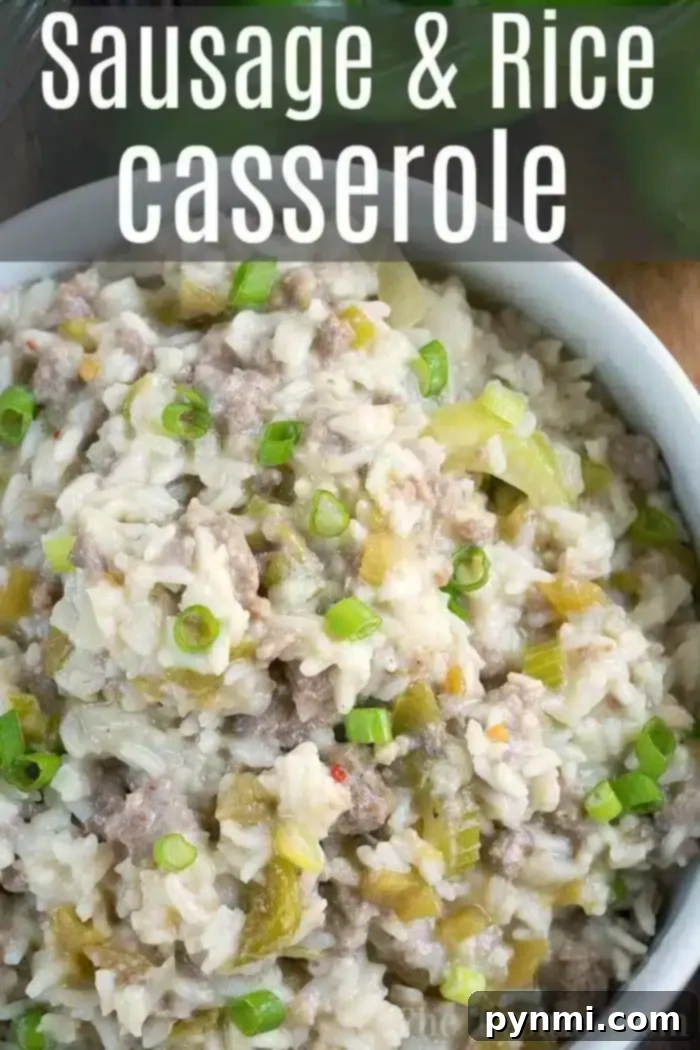 A close-up of an Instant Pot sausage and rice casserole in a white bowl. The dish is garnished with chopped green onions, showcasing a savory mixture of rice, sausage, and green peppers. The image features text reading "Sausage & Rice Casserole.