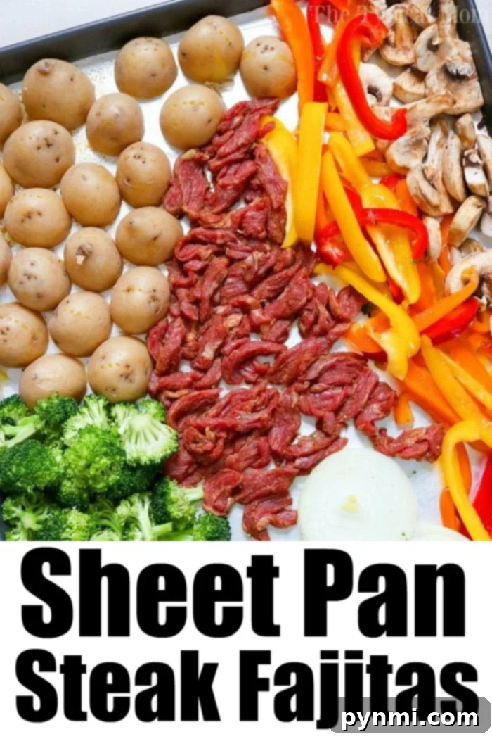 Sheet Pan Fajitas 2 Sheet Pan Steak Fajitas: A delightful mix of seasoned steak and colorful vegetables baked on a single sheet pan for an easy family meal.