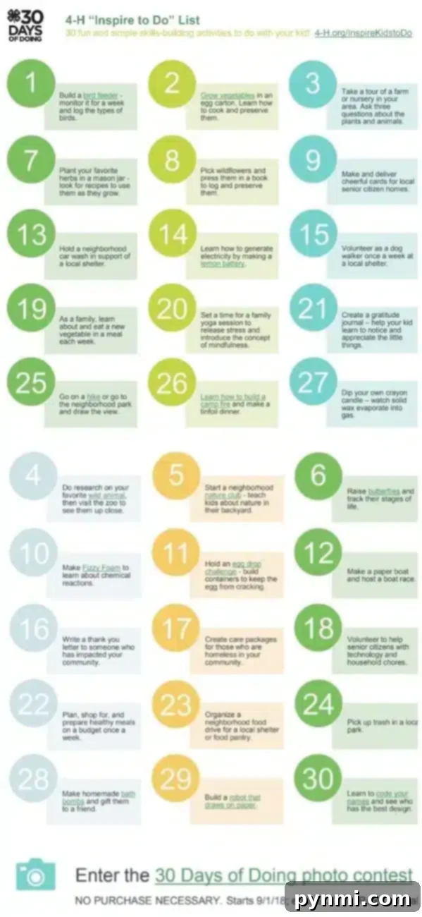 Download the 4-H '30 Days of Doing' Printable for Family Skill-Building Activities A 4-H '30 Days of Doing' printable checklist with various engaging activities for kids and families.
