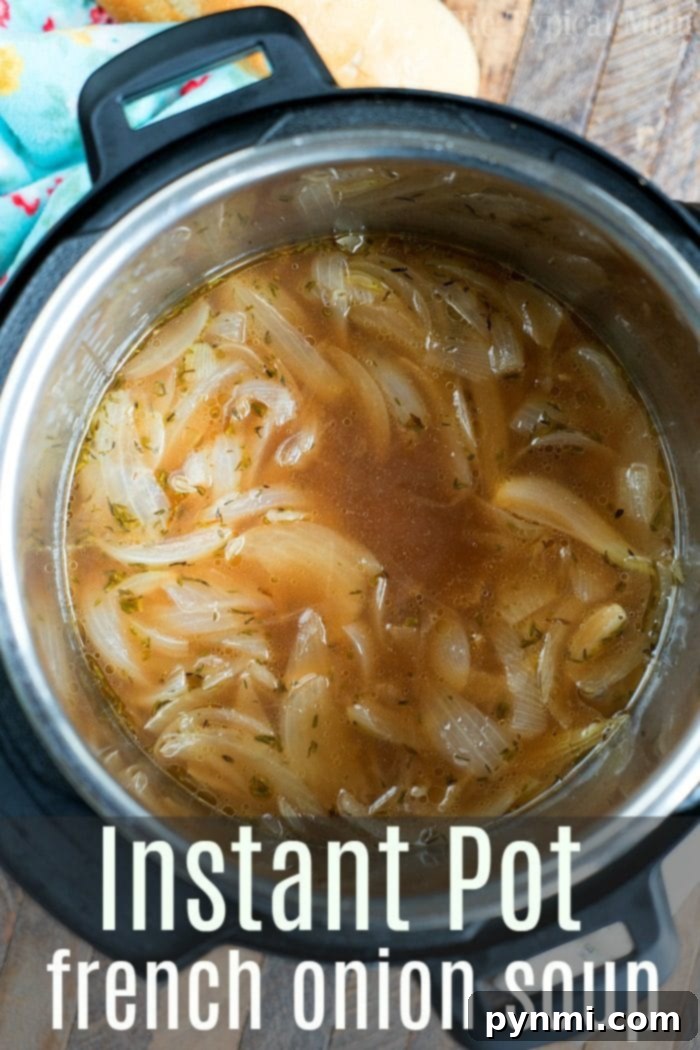 Pressure cooker french onion soup topped with french bread and cheese for you! Done in just 3 minutes in your Instant Pot. #instantpot #pressurecooker #frenchonionsoup #onion #soup #healthy #glutenfree #vegetarian #frenchonionsoup #ninjafoodi Instant Pot French Onion Soup