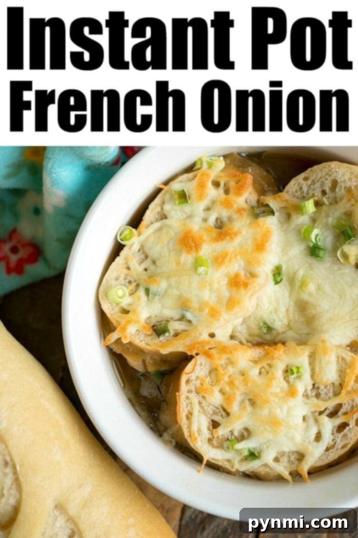Easiest pressure cooker french onion soup topped with french bread and cheese! Done in just 3 minutes in your Instant Pot or Ninja Foodi, you'll love it. #instantpot #instantpotrecipes #ninjafoodi #pressurecooker #frenchonionsoup Pressure Cooker French Onion Soup