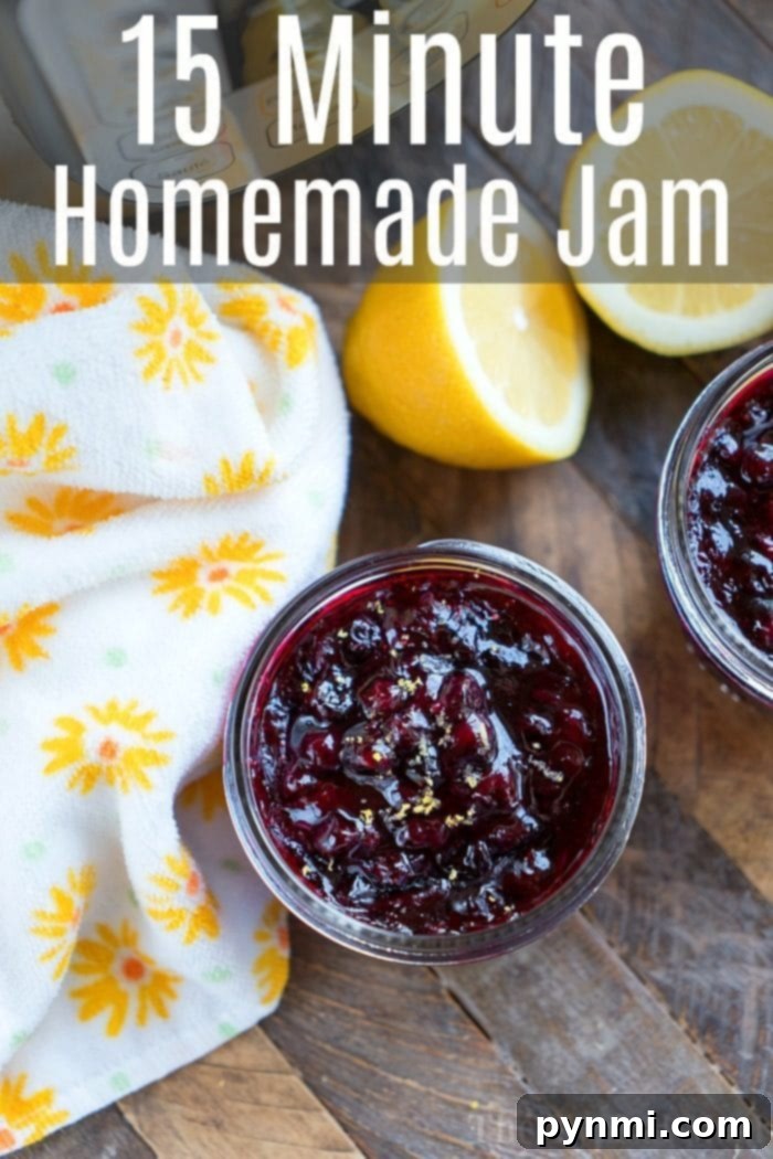 Enjoying Freshly Made Pressure Cooker Jam A mason jar of homemade jam with a spoon.